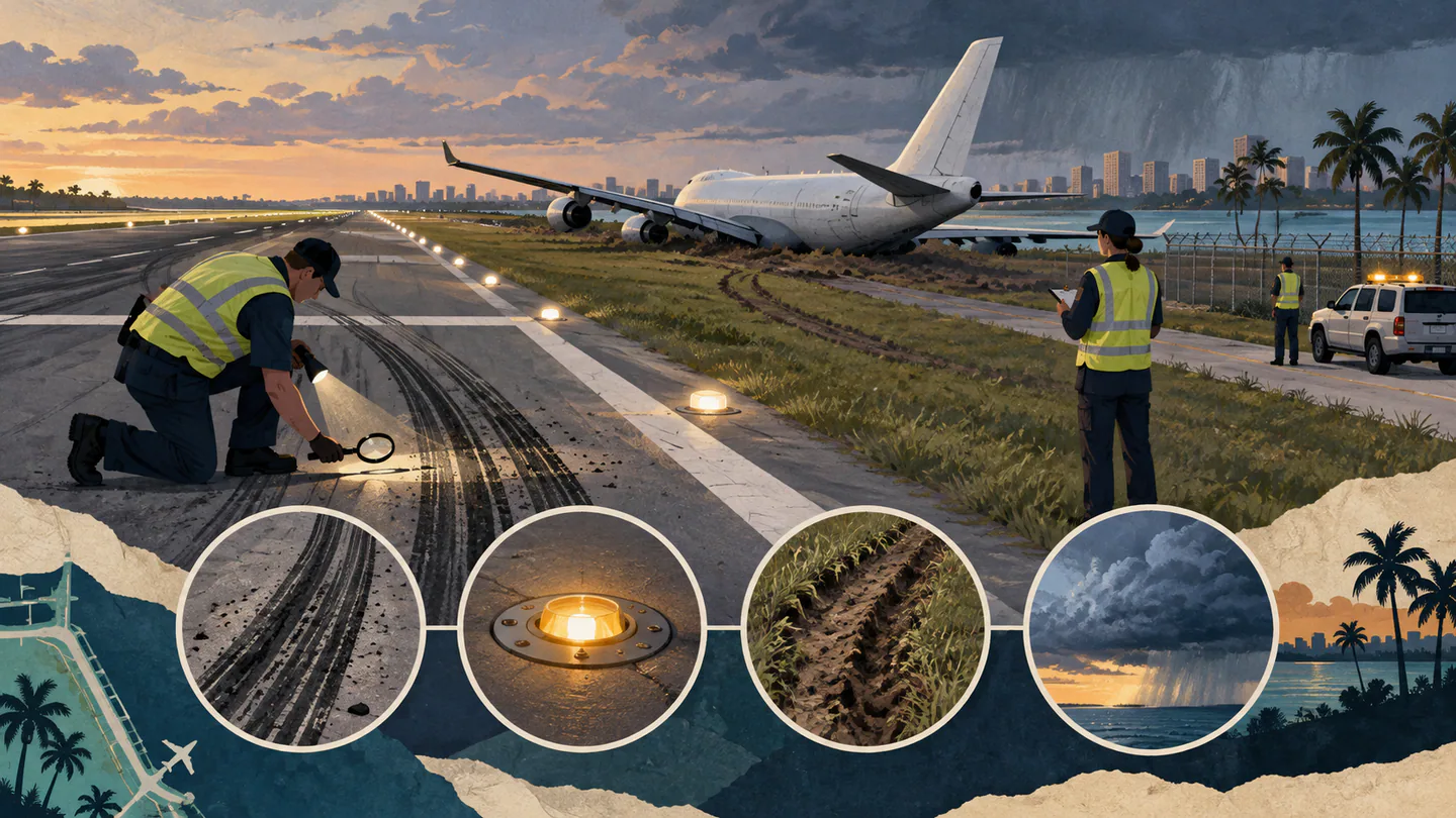 Editorial illustration of investigators examining runway marks after a cargo aircraft overrun near Miami.
