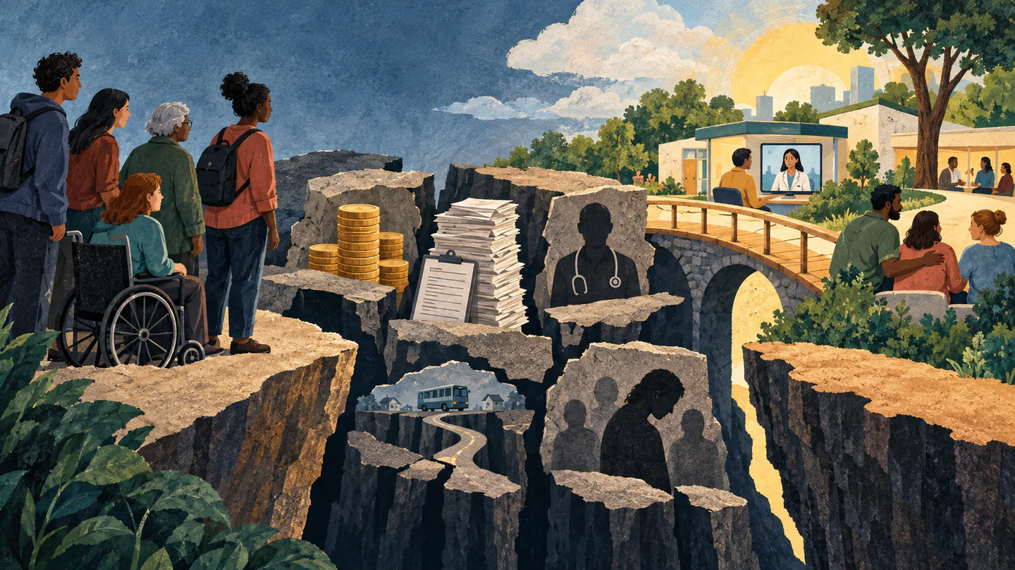 America Is Failing at Mental Health: Why One in Three Adults Gets No Treatment Editorial illustration of people facing cost, paperwork, distance and workforce barriers while bridges lead toward mental-health care.