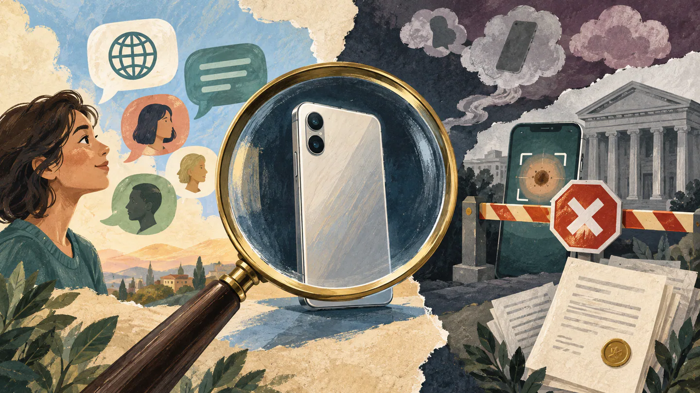 Editorial illustration of an unbranded smartphone, translation bubbles and a medical scanner stopped at a regulatory barrier.