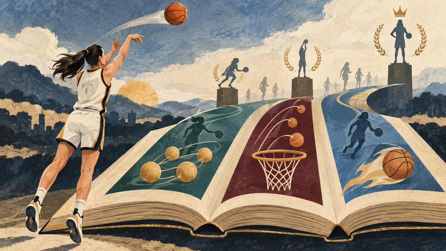 Caitlin Clark Breaks WNBA All-Time Scoring Record in Third Season Editorial illustration of an elite women basketball player shooting above separate paths for verified records and future milestones.