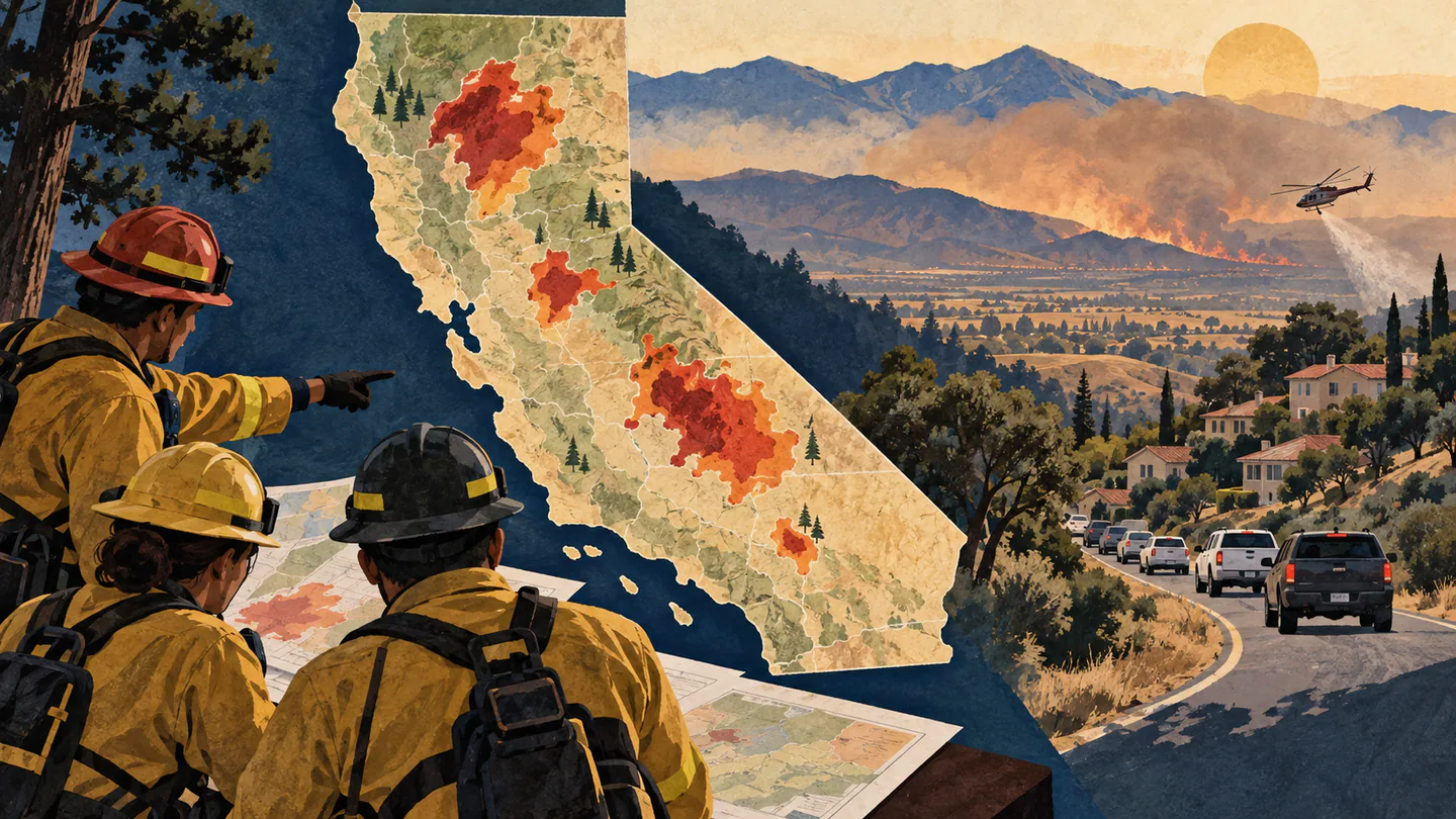 California Wildfires Force 250,000 Evacuations in Record 118F Heat Editorial illustration of California fire perimeters, firefighters reviewing incident maps and an orderly evacuation route.