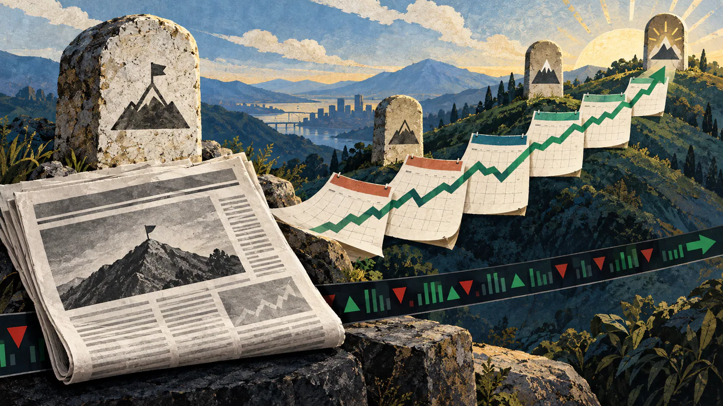 Dow Jones Closes Above 48,000 for First Time on AI Earnings Surge Editorial illustration of an old stock-market milestone headline left behind by a changing market path and calendar.