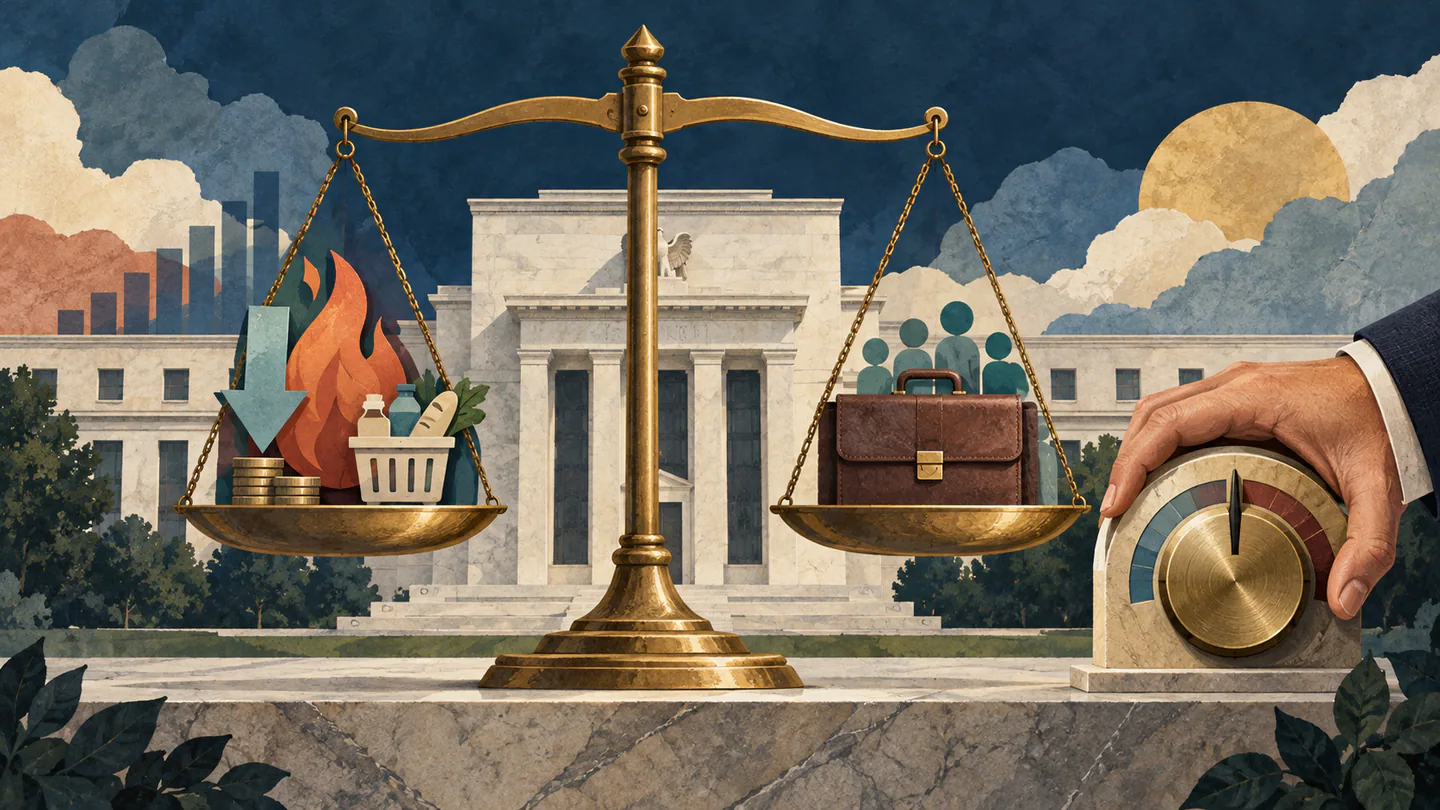 Federal Reserve Holds Interest Rates, Signals Possible Cut in September Editorial illustration of the Federal Reserve balancing price pressures and employment while holding an interest-rate dial steady.