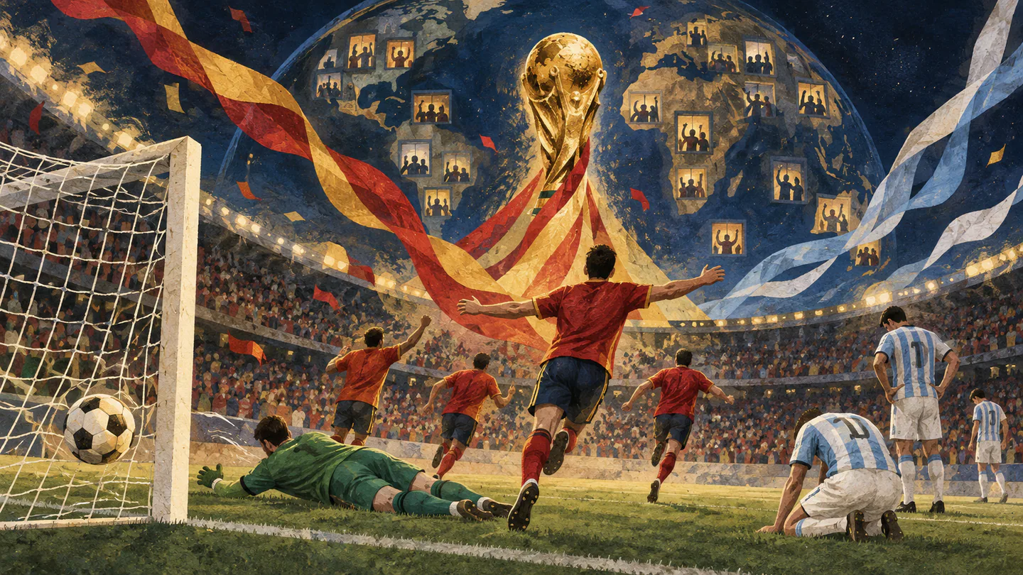 FIFA World Cup 2026 Final Draws Record 1.8 Billion Global Viewers Editorial illustration of Spain scoring against Argentina in the 2026 World Cup final as a global audience watches.