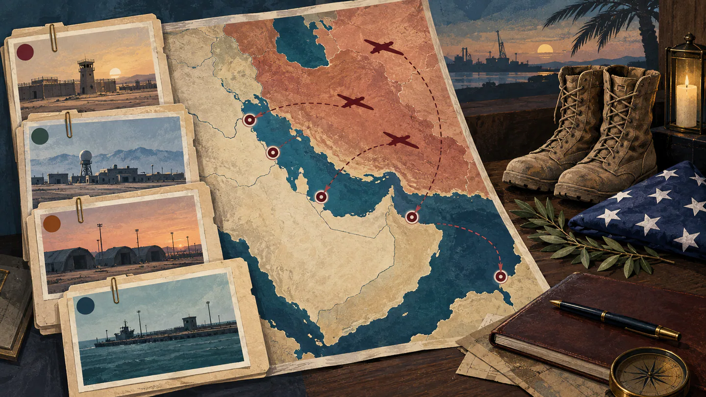 Four US Troops Killed in Iranian Drone Strikes on Gulf Military Bases Editorial illustration of a Persian Gulf incident map beside memorial boots and records of separate attacks.