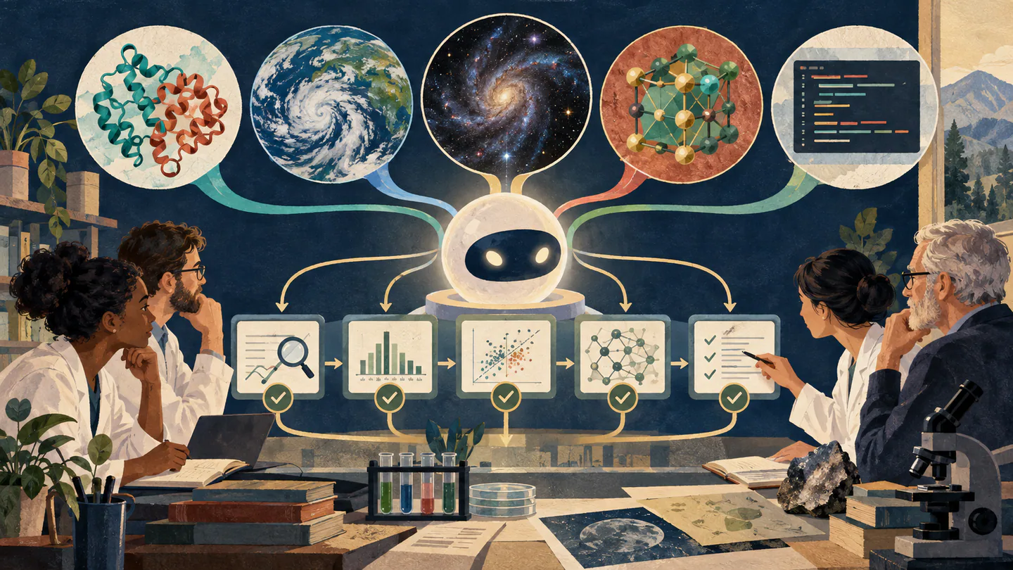 Editorial illustration of researchers validating artificial-intelligence outputs across biology, climate, astronomy, materials and code.