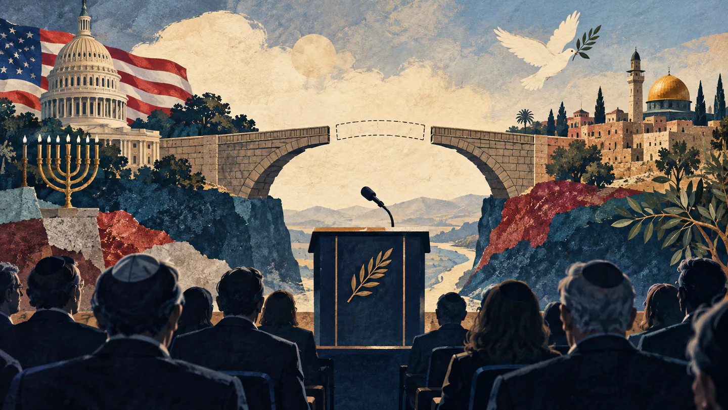 Editorial illustration of a political lectern, a Jewish audience and an incomplete bridge between US politics and Middle East diplomacy.
