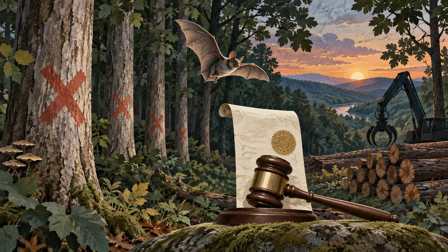 Editorial illustration of an Indiana bat above marked trees, logging equipment and a court injunction in Shawnee National Forest.