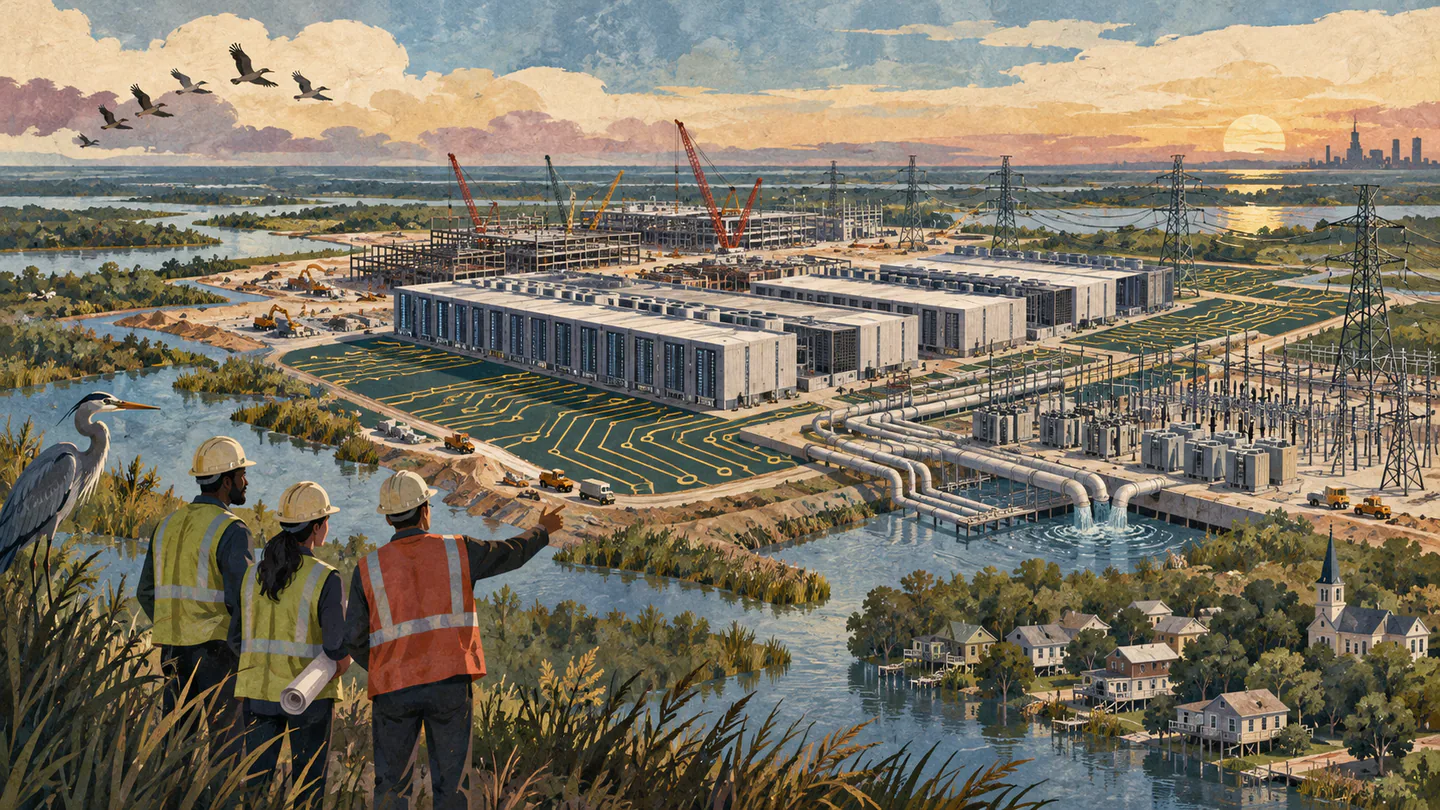 Editorial illustration of a large Louisiana data center under construction among wetlands, substations and cooling infrastructure.