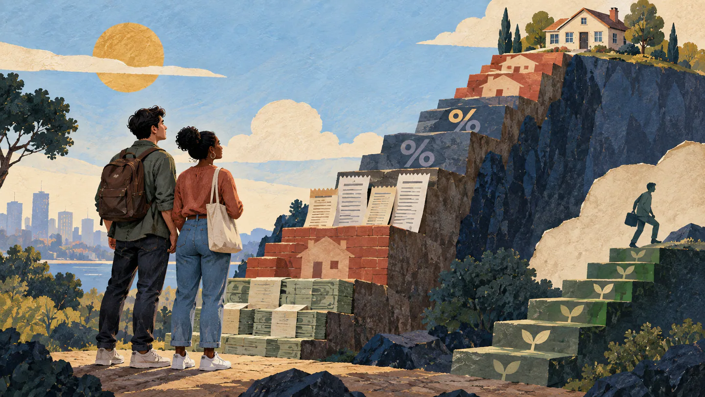 Millennial Homeownership Reaches Crisis Level as Median Home Hits $398,000 Editorial illustration of a young couple facing a steep path to homeownership built from prices, rates, rent and down-payment costs.