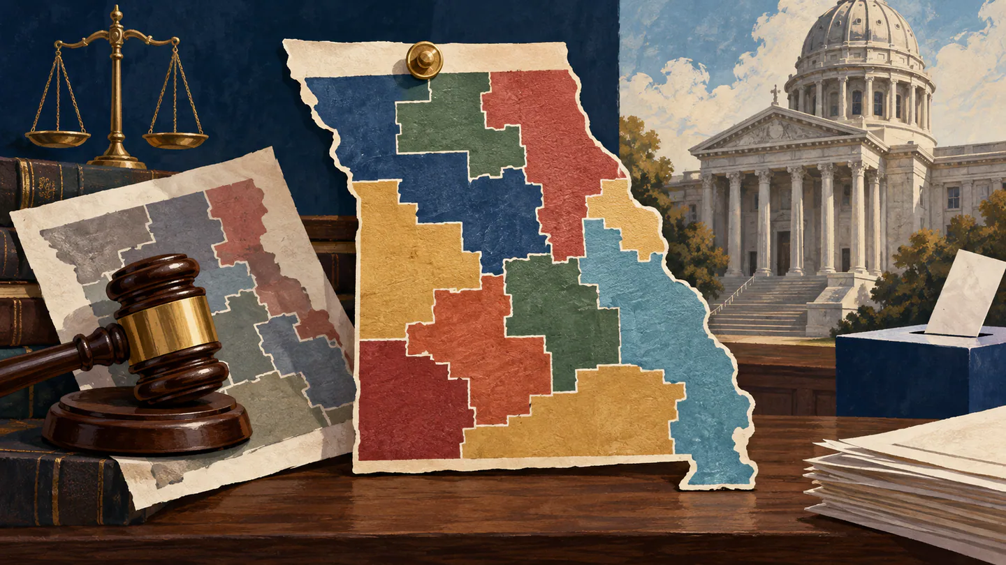 Editorial illustration of competing Missouri congressional maps, a judge gavel and a ballot box.