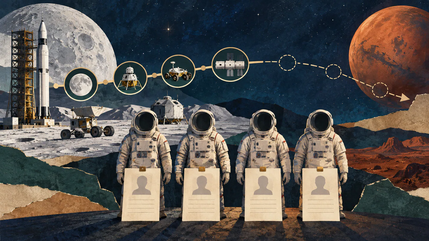 Editorial illustration of empty astronaut roster cards and an unfinished mission path from lunar testing toward Mars.
