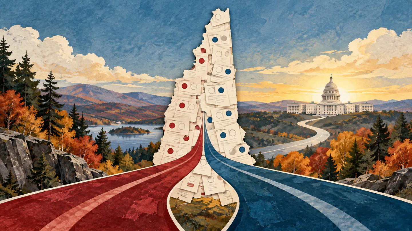 Editorial illustration of a New Hampshire map made from ballots, with two campaign paths leading toward the US Capitol.