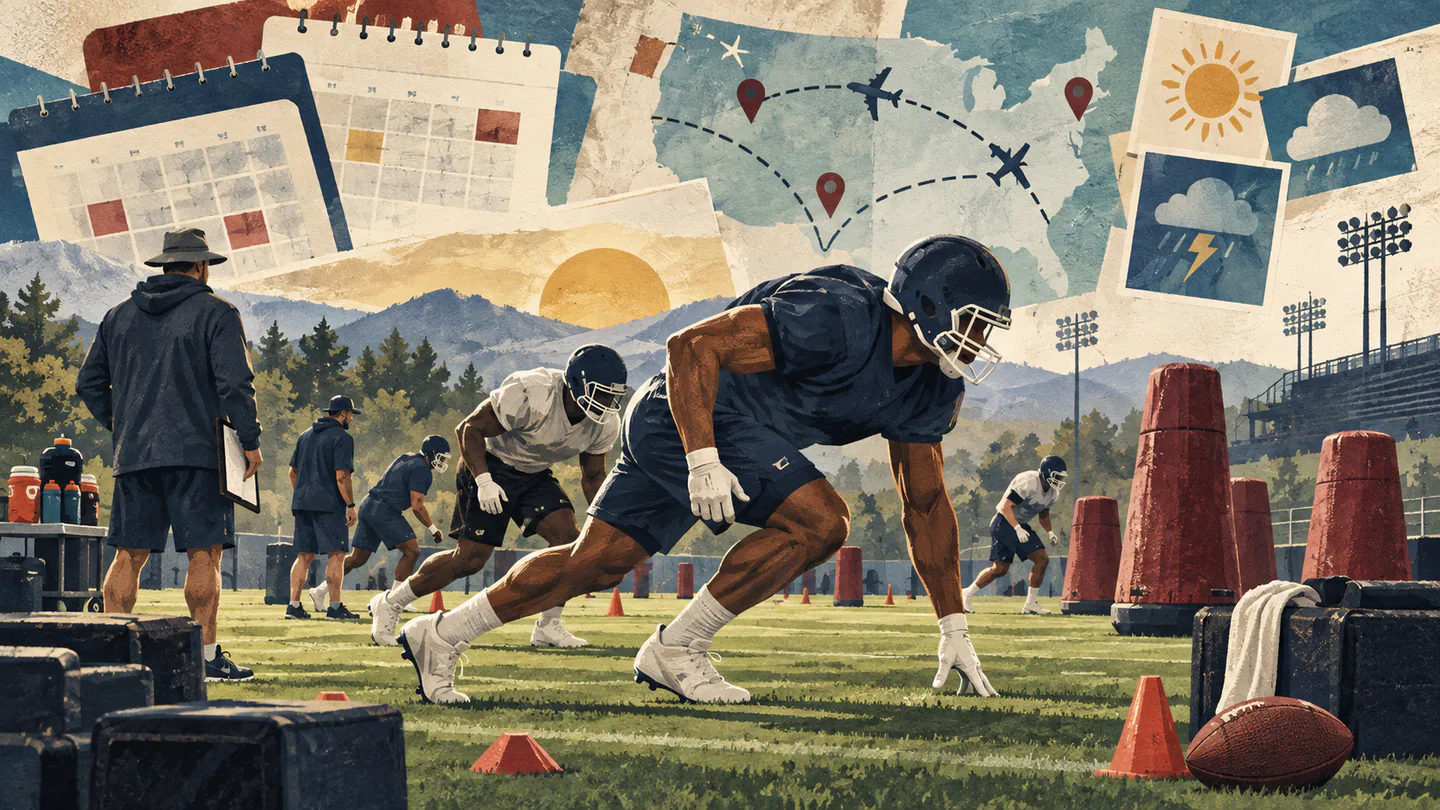 NFL Training Camps Open as Chiefs Eye Fourth Consecutive Super Bowl Editorial illustration of an American football training camp with calendars, travel routes and weather planning.