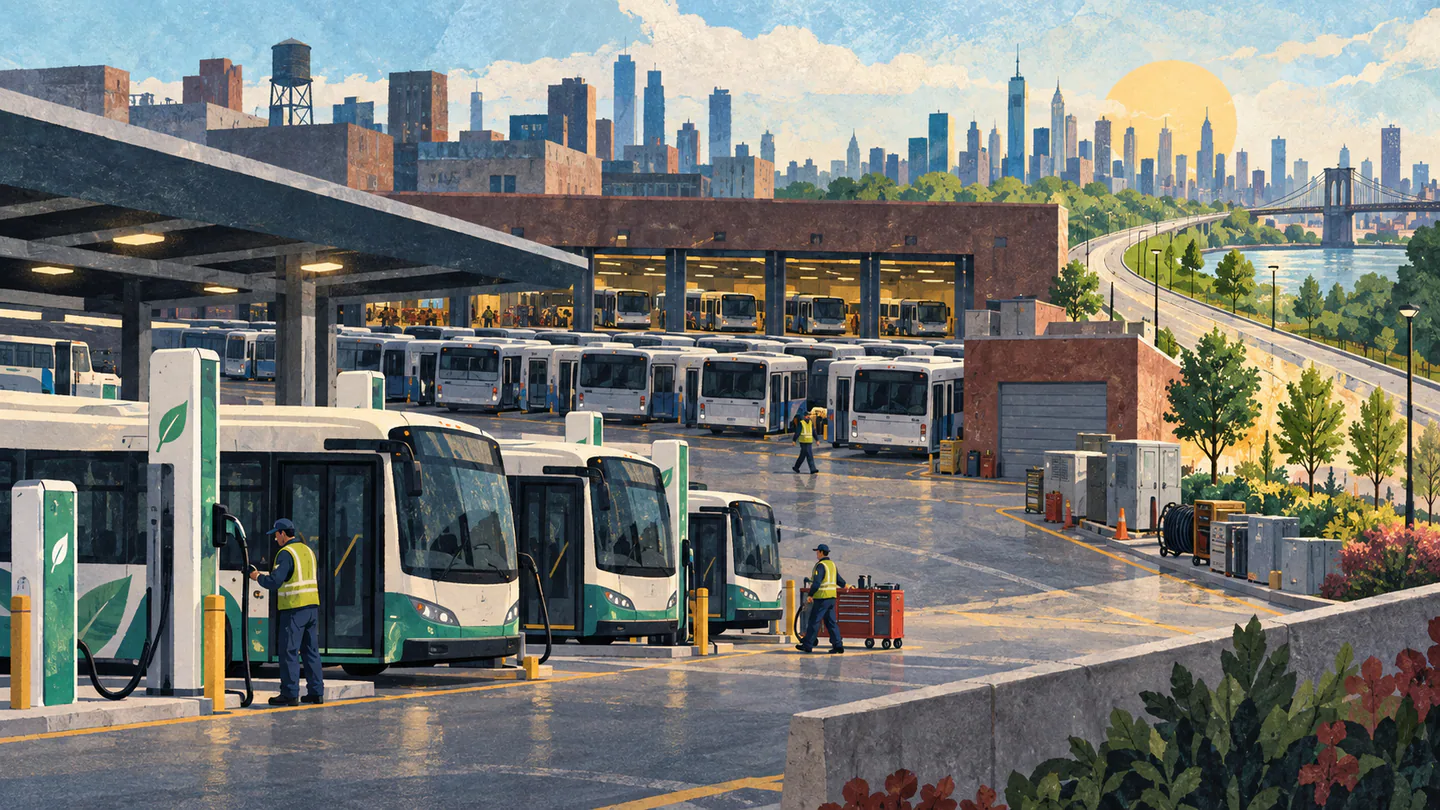 Editorial illustration of electric buses charging at a New York depot while much of the conventional fleet remains in service.