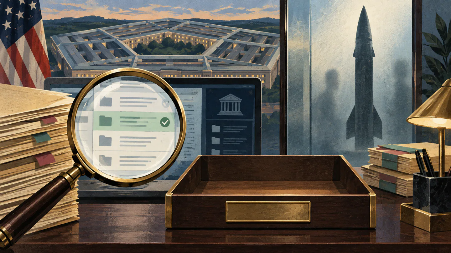 Pentagon Awards $14 Billion Contract for Next-Generation Hypersonic Missile System Editorial illustration of Pentagon contract records under a magnifying glass beside an empty award tray and an abstract missile shadow.