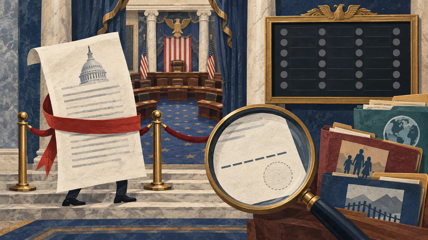 Editorial illustration of an unfinished immigration bill stopped outside the Senate chamber beside a blank vote board.