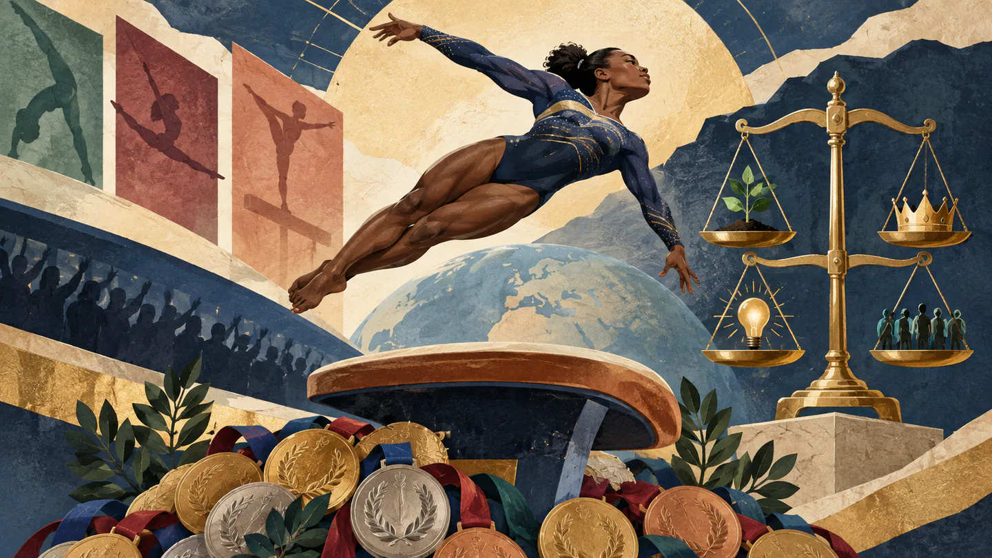 Simone Biles Named Greatest Athlete of the 21st Century Editorial illustration of an elite gymnast in a twisting vault above medals and scales representing criteria for athletic greatness.