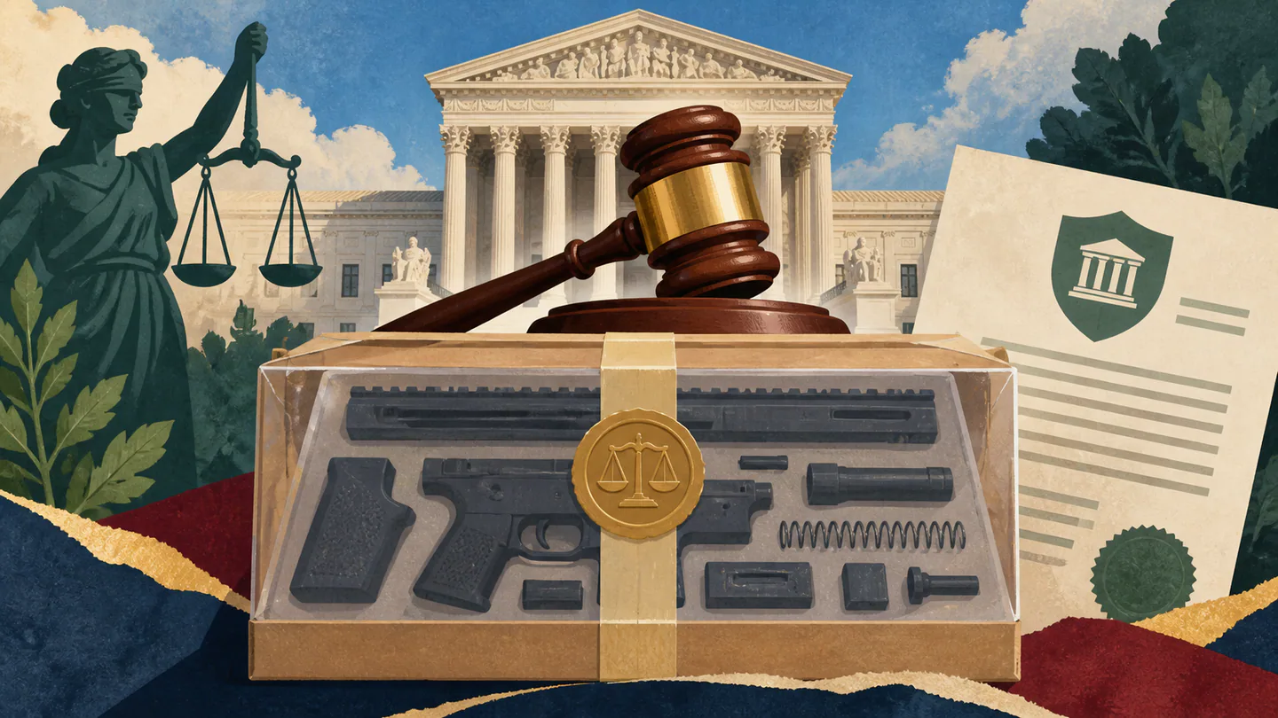 Supreme Court Rules 6-3 to Uphold Federal Ghost Gun Ban Editorial illustration of the Supreme Court, a sealed firearm-parts kit and a federal regulatory document.