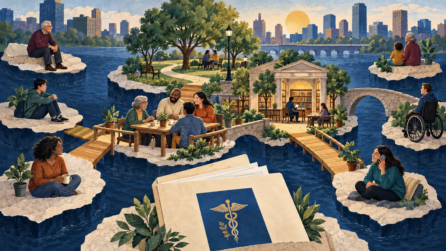 Surgeon General Declares Loneliness a National Public Health Emergency Editorial illustration of people on separated islands being connected by libraries, parks, shared tables and conversation.
