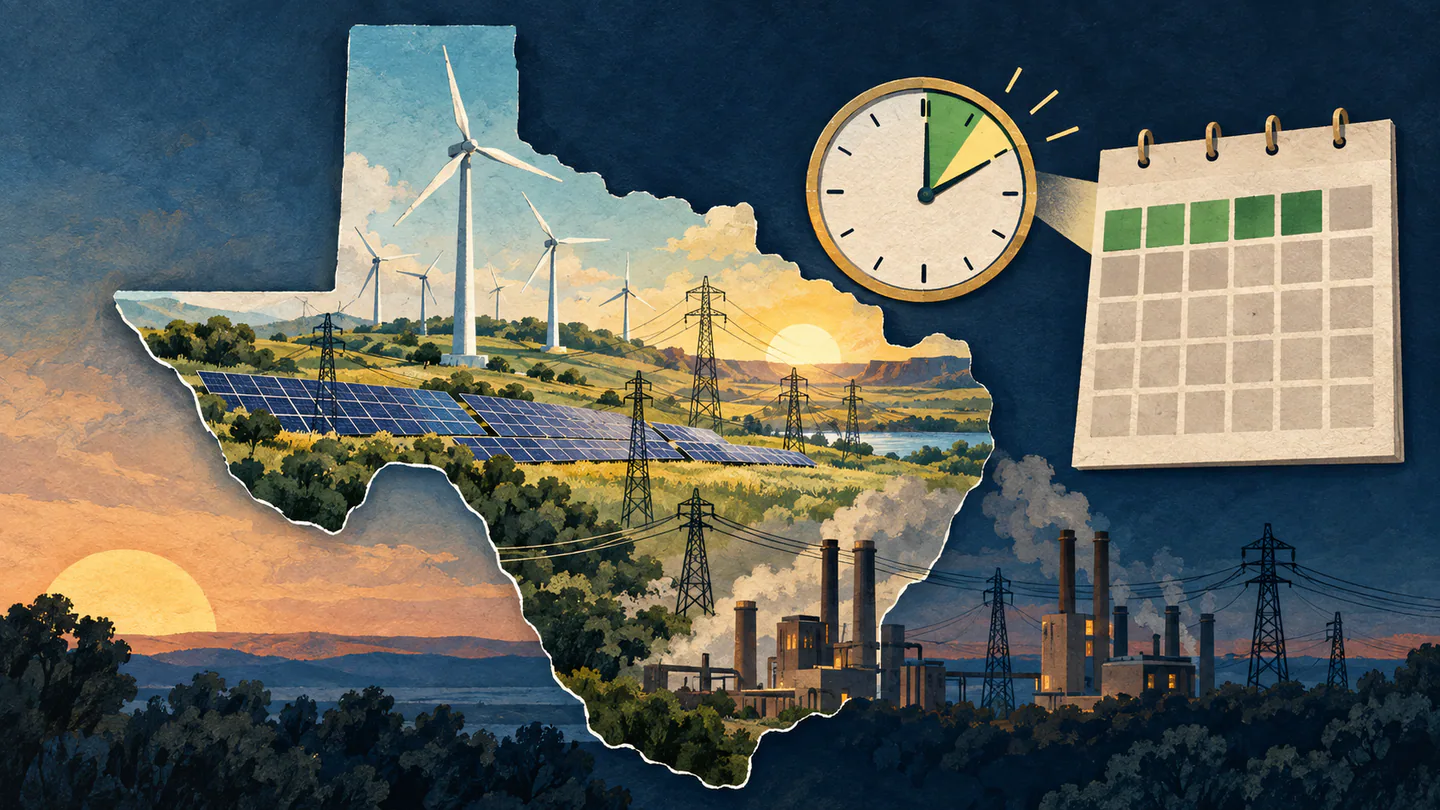 Editorial illustration of Texas renewable generation, contrasting a brief record interval with a partly renewable calendar month.