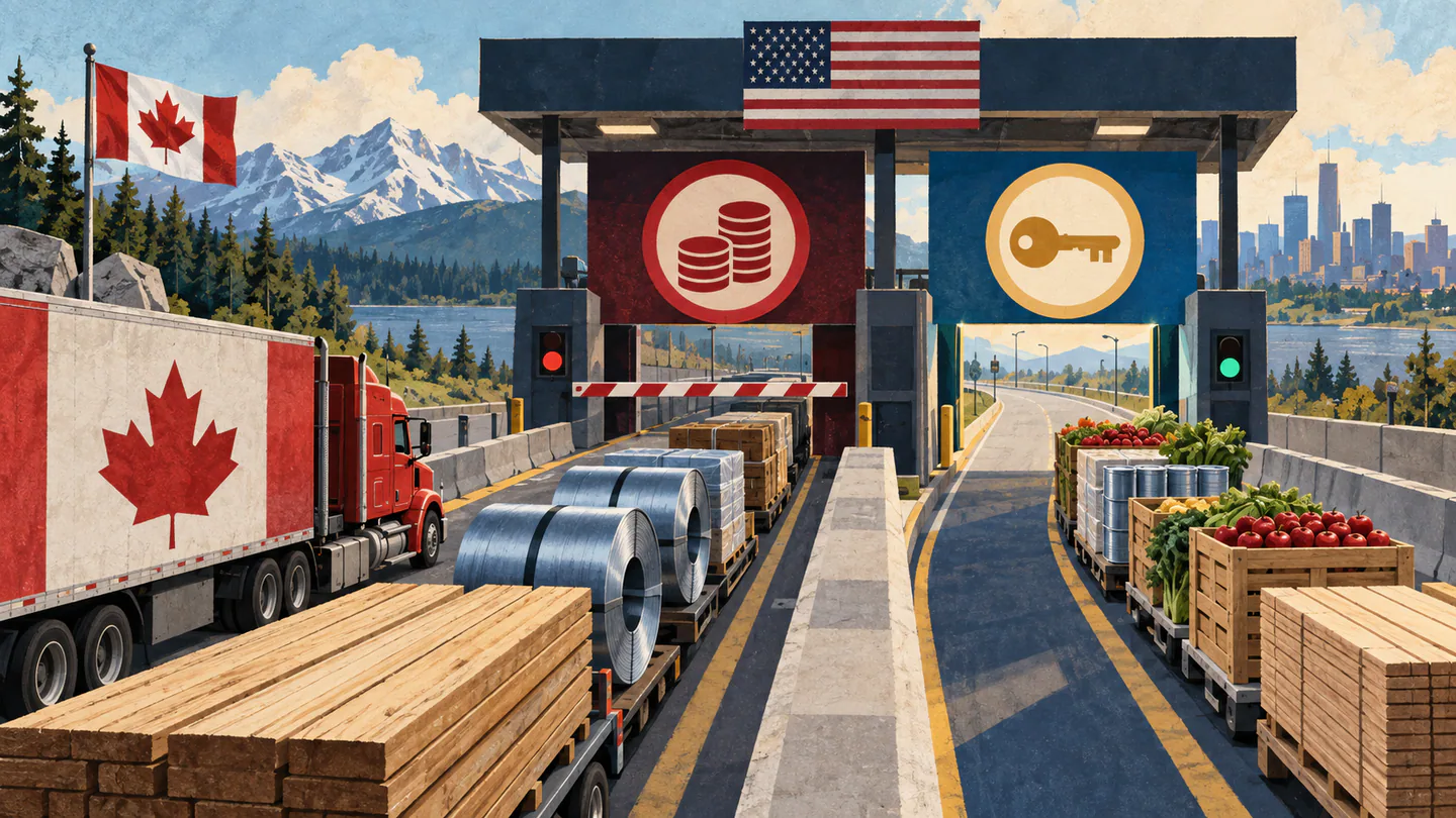 Trump Announces 50% Tariff on Canadian Goods Amid Trade Dispute Editorial illustration of Canadian cargo sorting into tariff and exemption lanes at the US border.