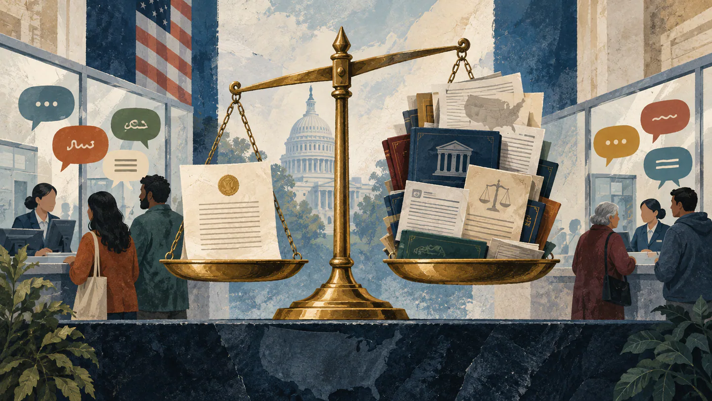 Trump Signs Executive Order Making English the Official Language of the United States Editorial illustration balancing an official-language executive order against statutes, agency rules and multilingual public services.