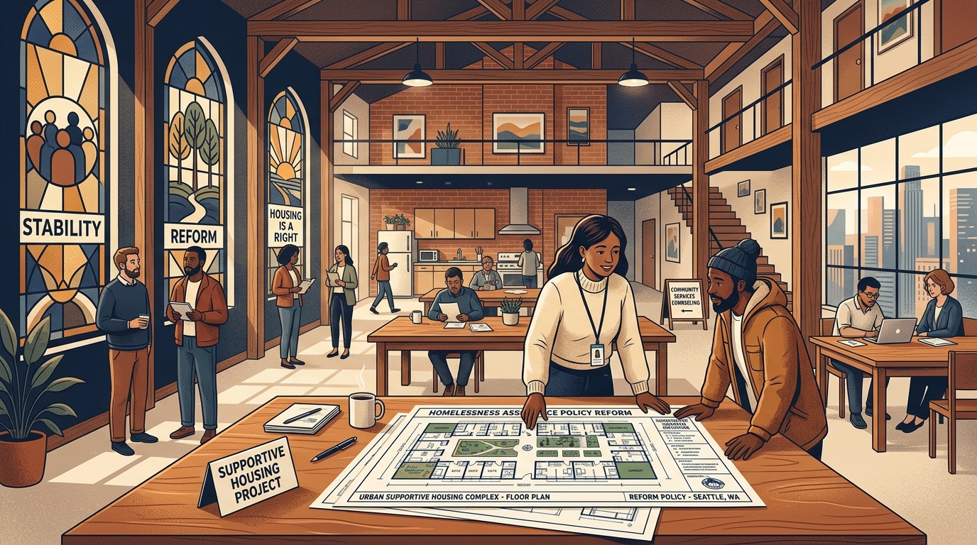 Trump Administration’s Housing Policy Shift Reshapes Homelessness Programs Editorial illustration of community supportive housing, stained-glass windows, and homelessness assistance policy reform in the United States.