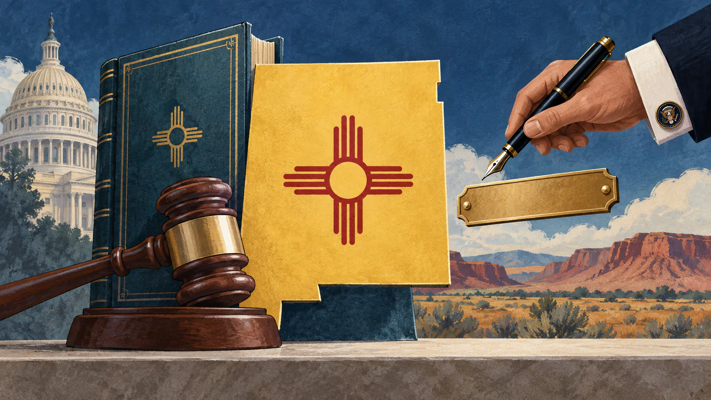 Editorial illustration of the New Mexico map beside a state constitution, gavel and presidential pen, representing legal limits on renaming.