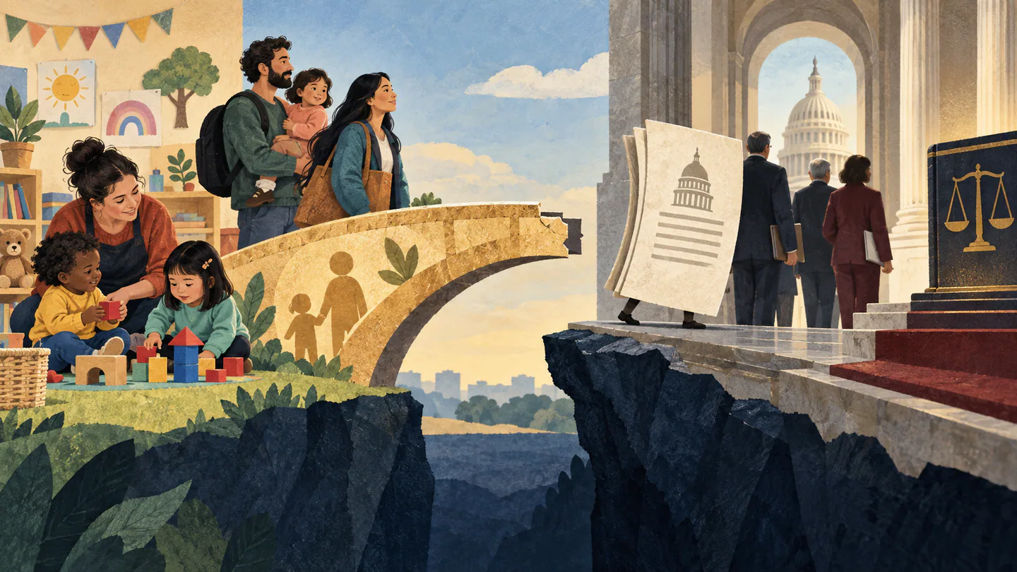 US Passes Historic Childcare Act Capping Costs at 7% of Family Income Editorial illustration of families and a child-care classroom separated from the Capitol by an incomplete legislative bridge.