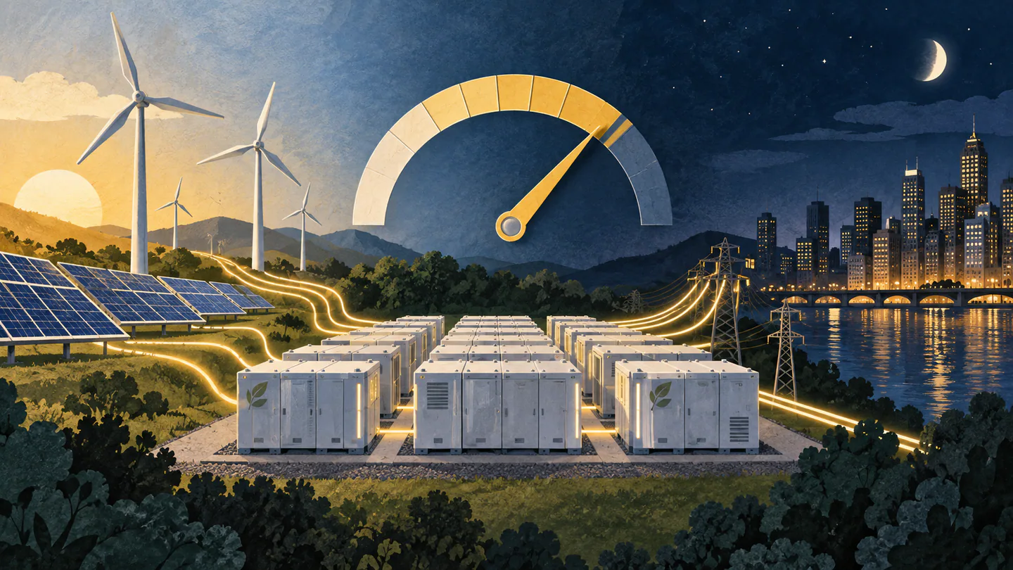Editorial illustration of grid-scale batteries moving solar and wind power from daytime generation to a city at night.