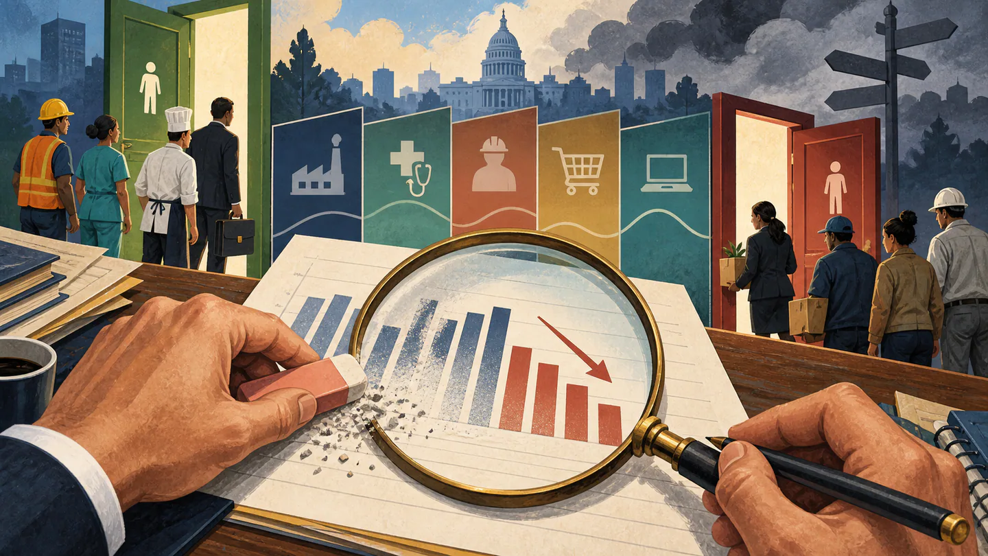 US Economy Adds 285,000 Jobs in July as Unemployment Falls to 3.9% Editorial illustration of payroll bars being revised under a magnifying glass as workers move between industries.