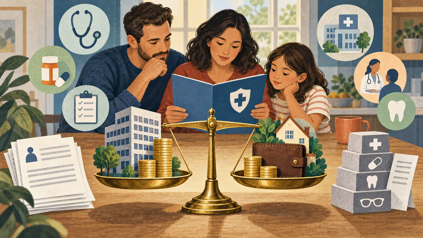 US Healthcare Costs Reach All-Time High with Average Family Premium at $38,000 Editorial illustration of a family comparing health-plan costs on a balance shared by an employer and household wallet.