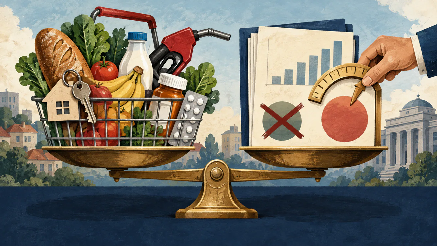 US Inflation Cools to 2.3% in June, Lowest Since March 2021 Editorial illustration balancing a household shopping basket against official inflation records and a corrected rate gauge.