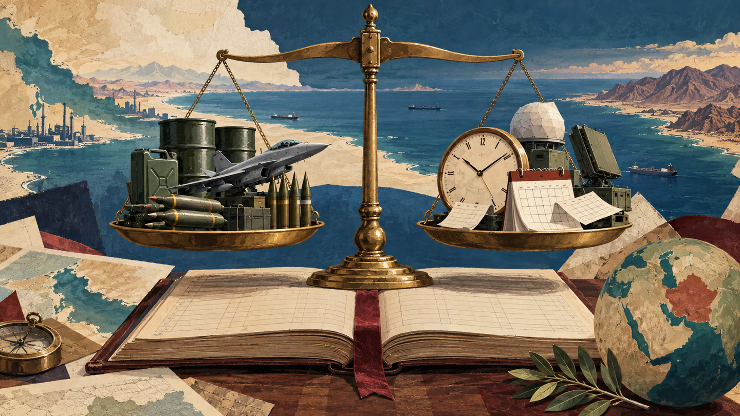 Editorial illustration of a ledger and balance weighing military equipment against time to examine a war-cost estimate.