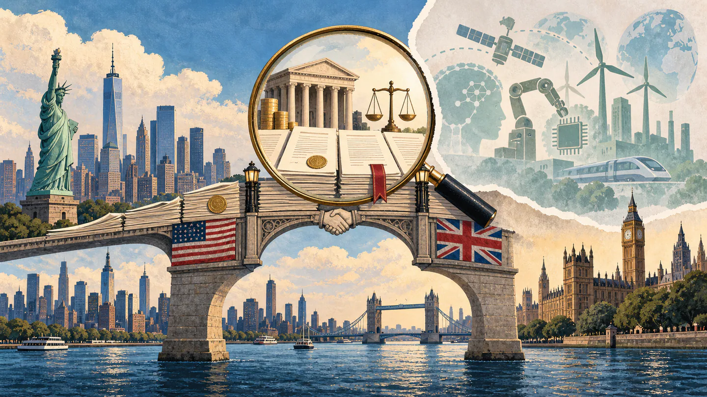 US and UK Sign $5 Billion Tech and Reindustrialization Alliance Editorial illustration of New York and London connected by a bridge of financial rules and cross-border market documents.