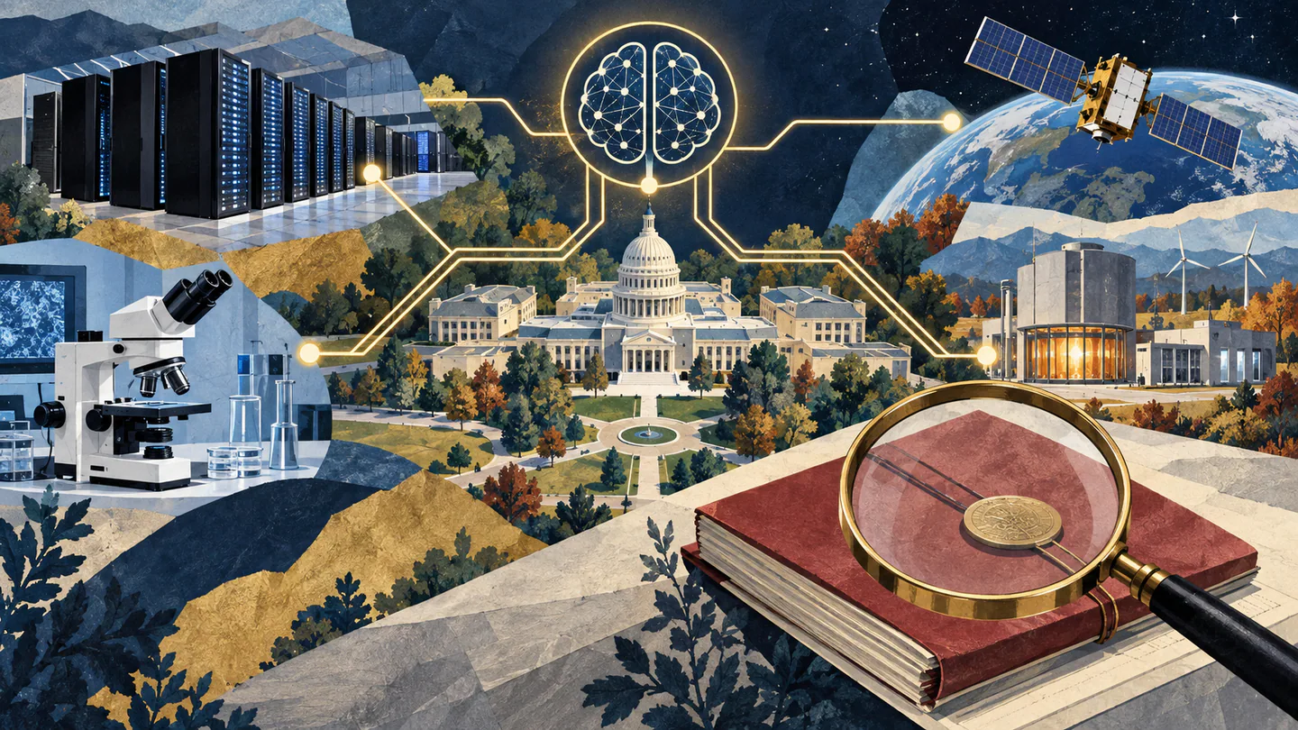 Editorial illustration of federal laboratories, computing, energy and space research linked through an artificial-intelligence network.